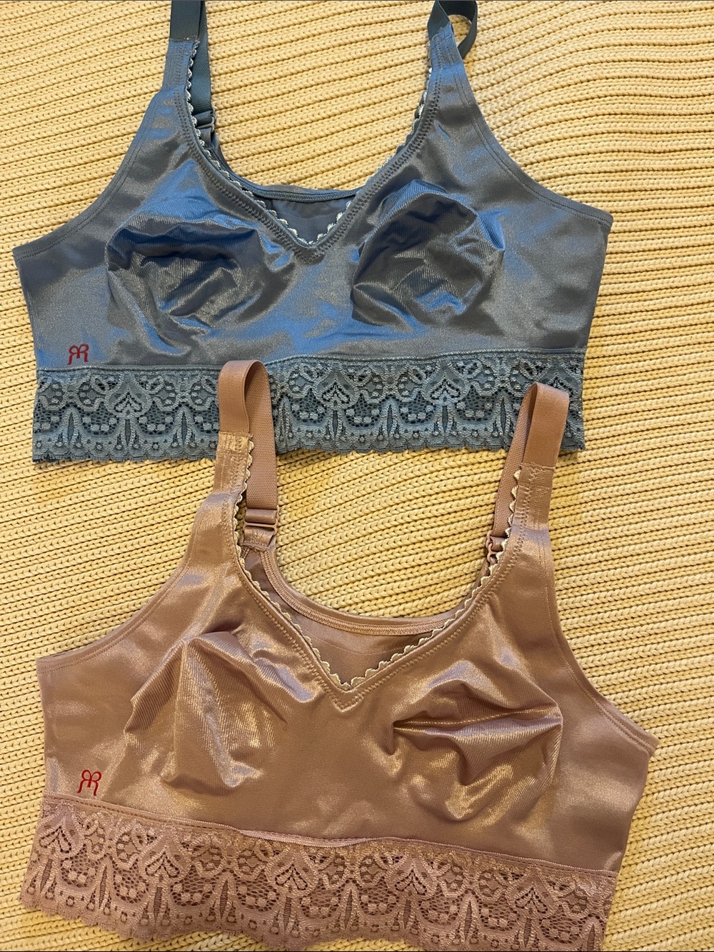 Ruby Ribbon Wireless Lace-Trim Bralettes in Blue and Brown